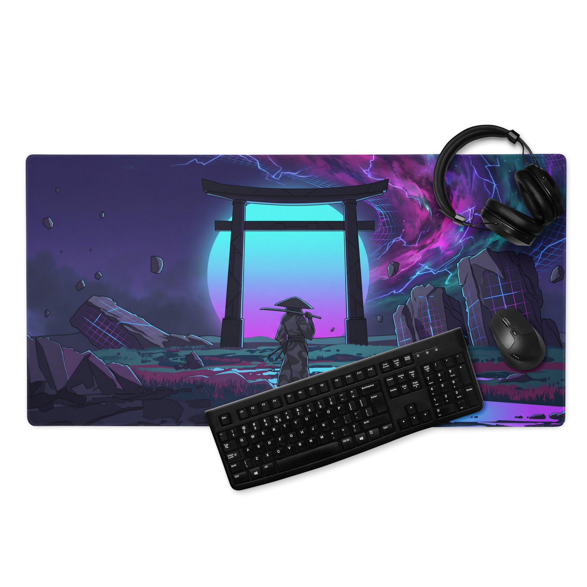 Neon vaporwave gaming mouse pad with vibrant purple teal cosmic design featuring samurai under ornate gate