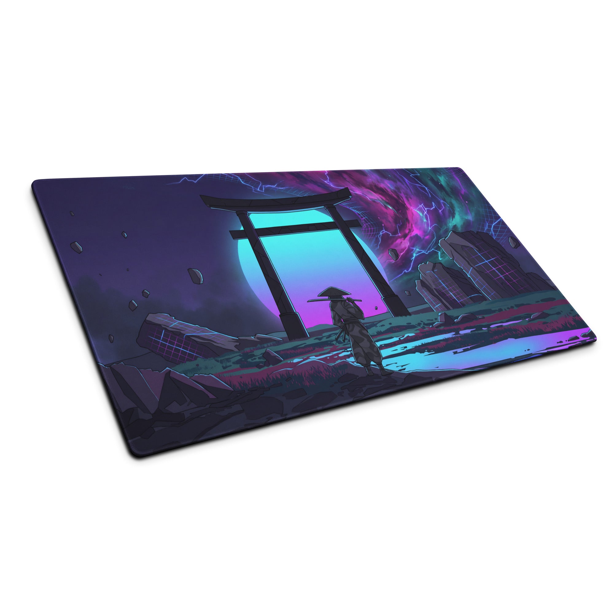 Neon vaporwave gaming mouse pad with nebula theme featuring a samurai and torii gate under purple teal cosmic sky