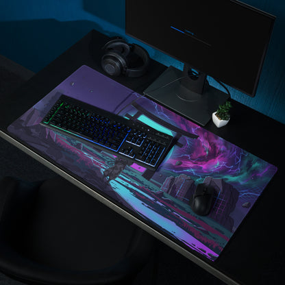 A vibrant neon purple vaporwave gaming mouse pad with anime illustration and teal lightning over dark stone ruins