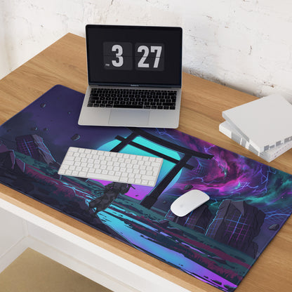 Neon vaporwave gaming mouse pad with narwhal theme and vibrant cosmic purple teal pink hues for retro office decor