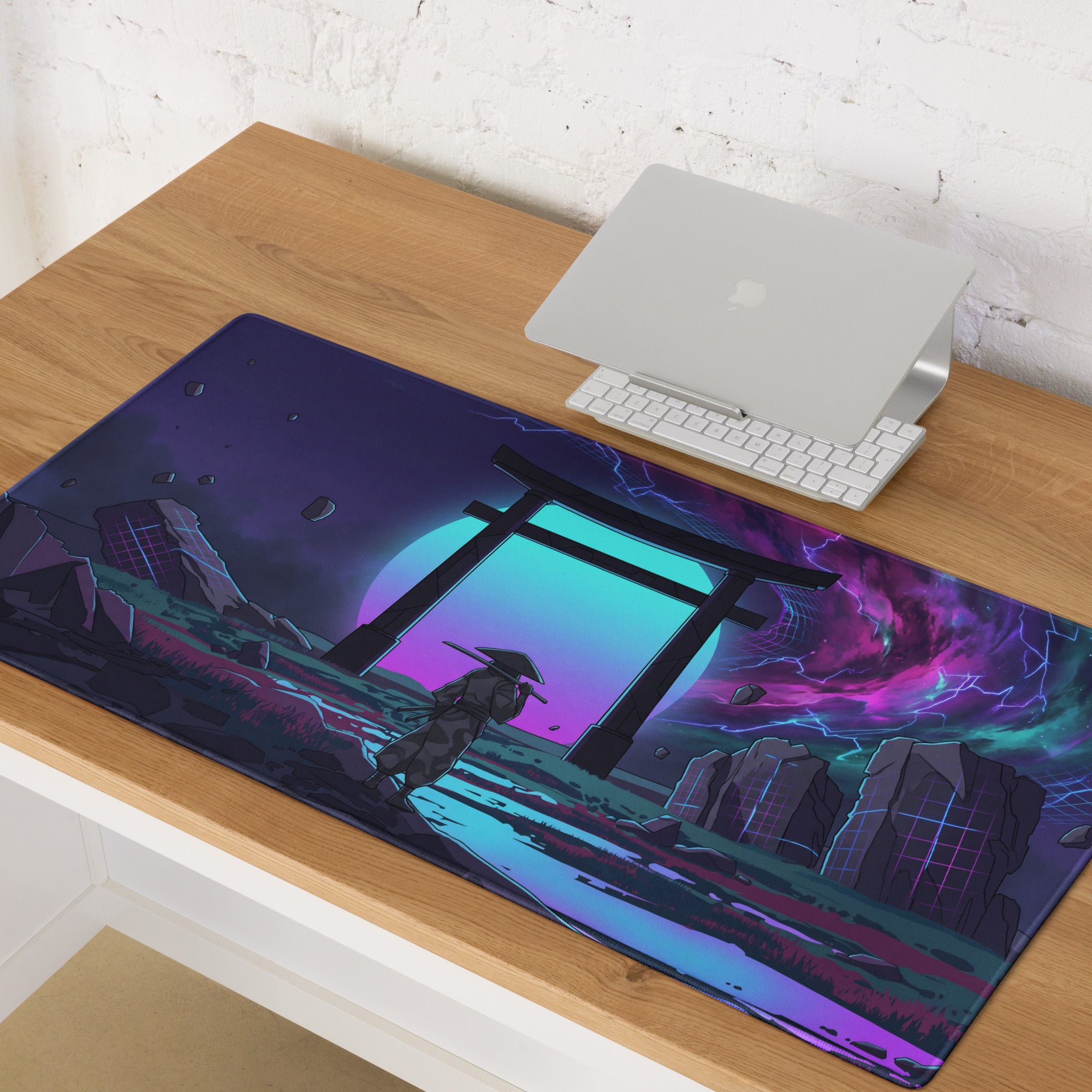 Neon vaporwave gaming mouse pad with neon purple and teal cyberpunk samurai design for vibrant office decor
