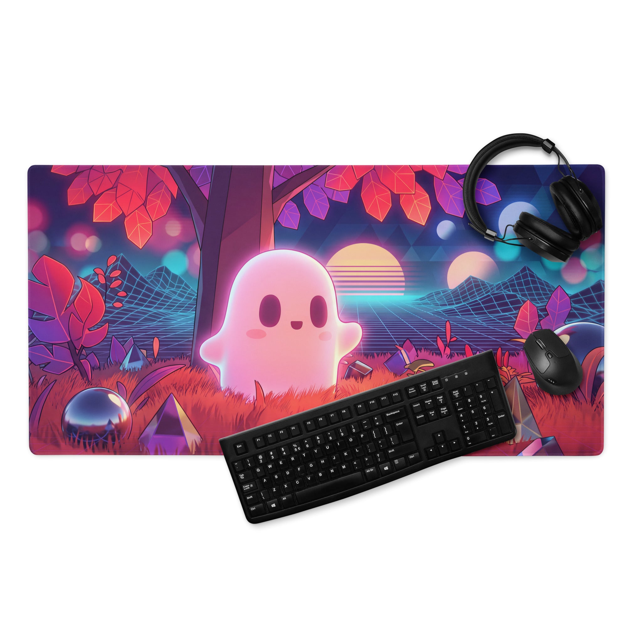Vaporwave neon ghost gaming mousepad with neon pink ghost retro-futuristic forest and geometric mountains design