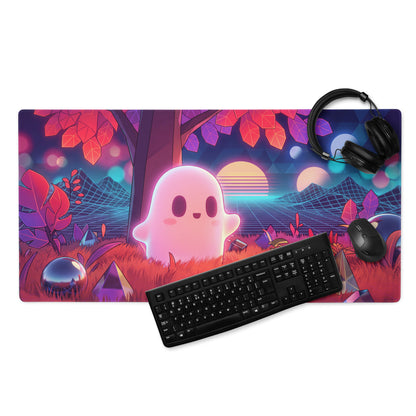 Vaporwave neon ghost gaming mousepad with neon pink ghost retro-futuristic forest and geometric mountains design