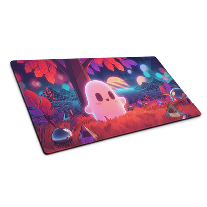 Rectangular gaming mousepad with neon pink ghost illustration in a retro-futuristic vaporwave forest design