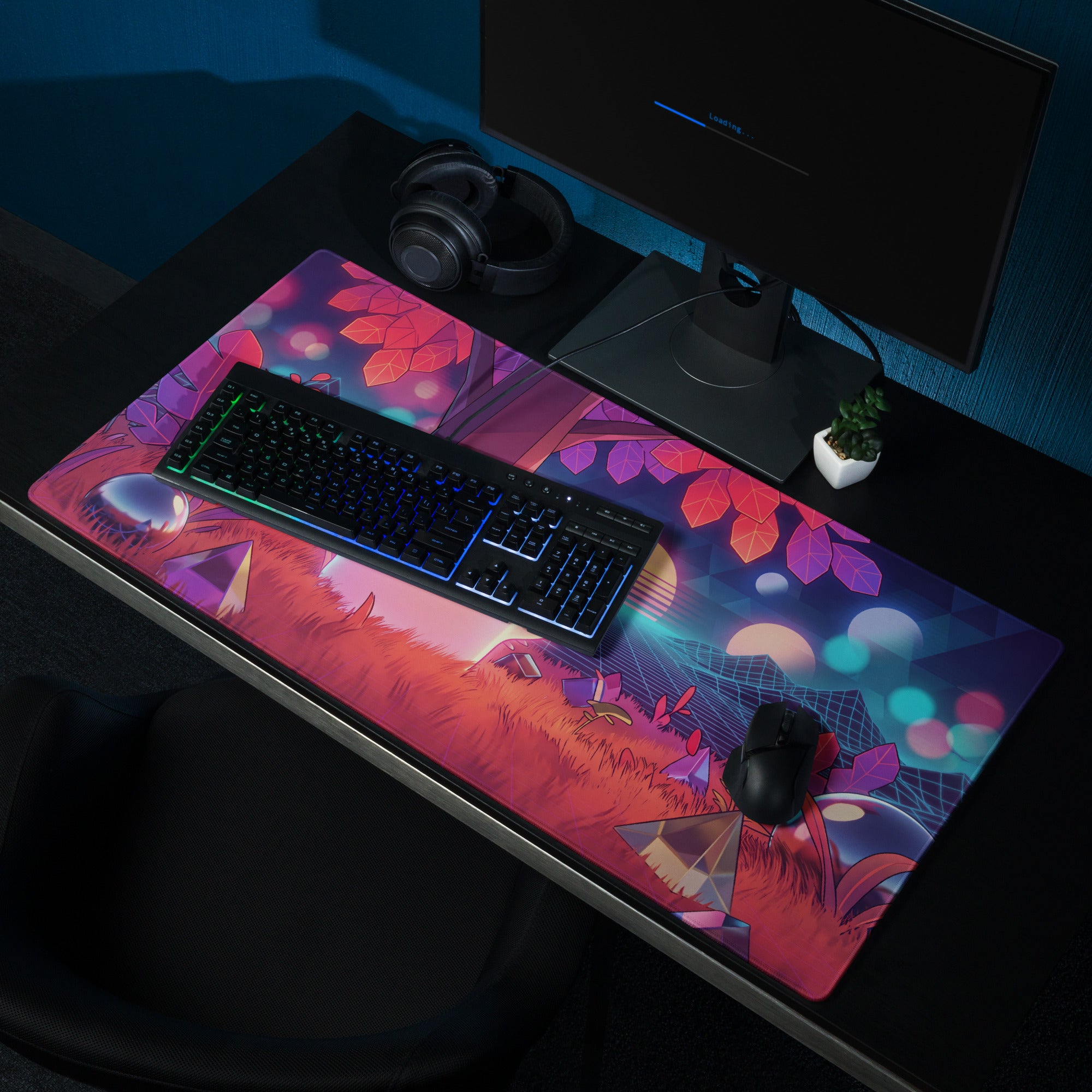 Vaporwave neon ghost desktop mouse pad with a colorful surreal landscape of glowing orbs and stylized leaves in pink purple and teal