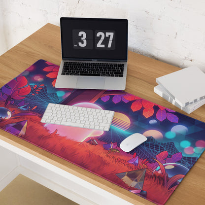 Vaporwave neon ghost desktop mouse pad with vibrant purple red and blue geometric patterns and glowing orbs