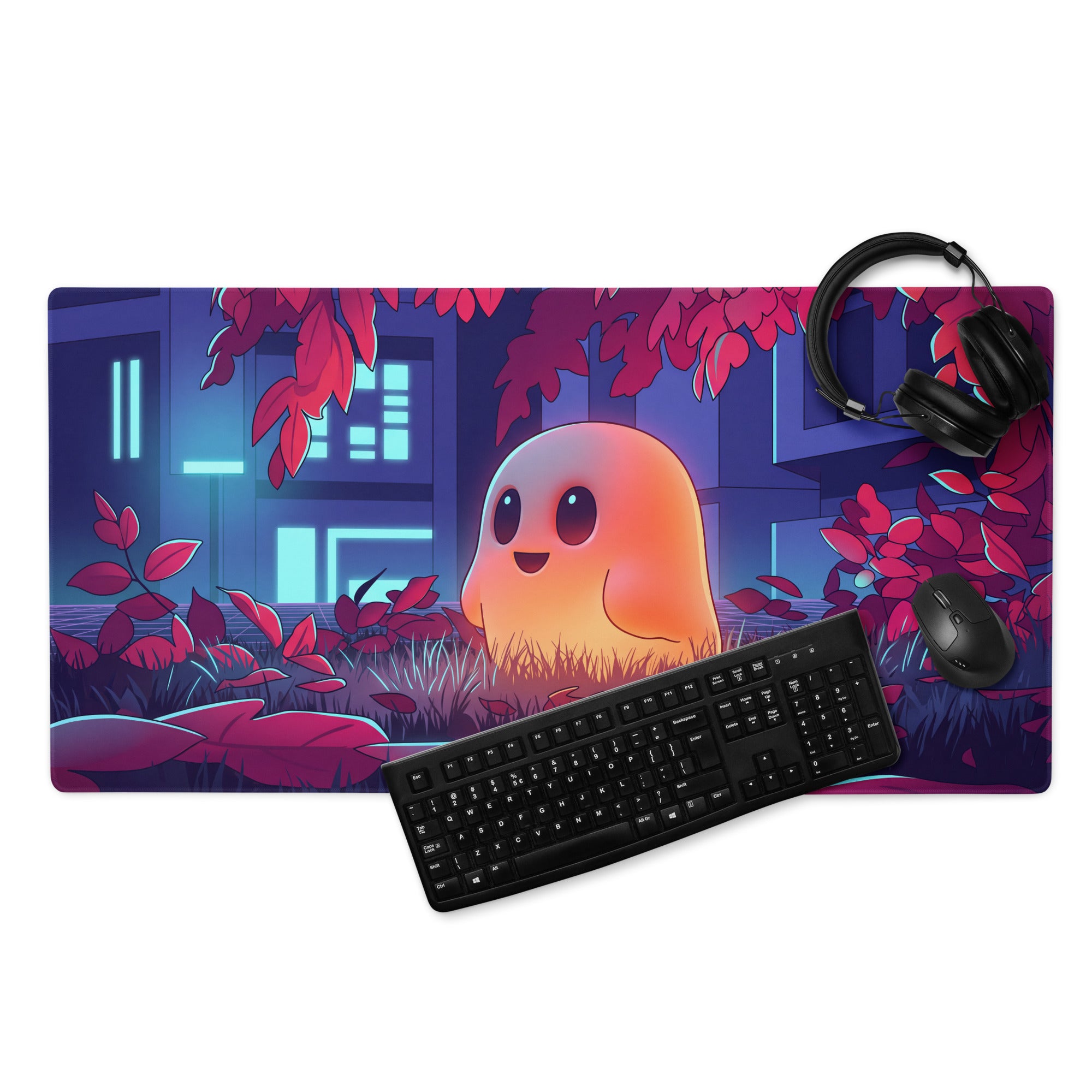 Neon ghost vaporwave desk mat with glowing orange cartoon ghost, red foliage, and neon cityscape for gaming desks