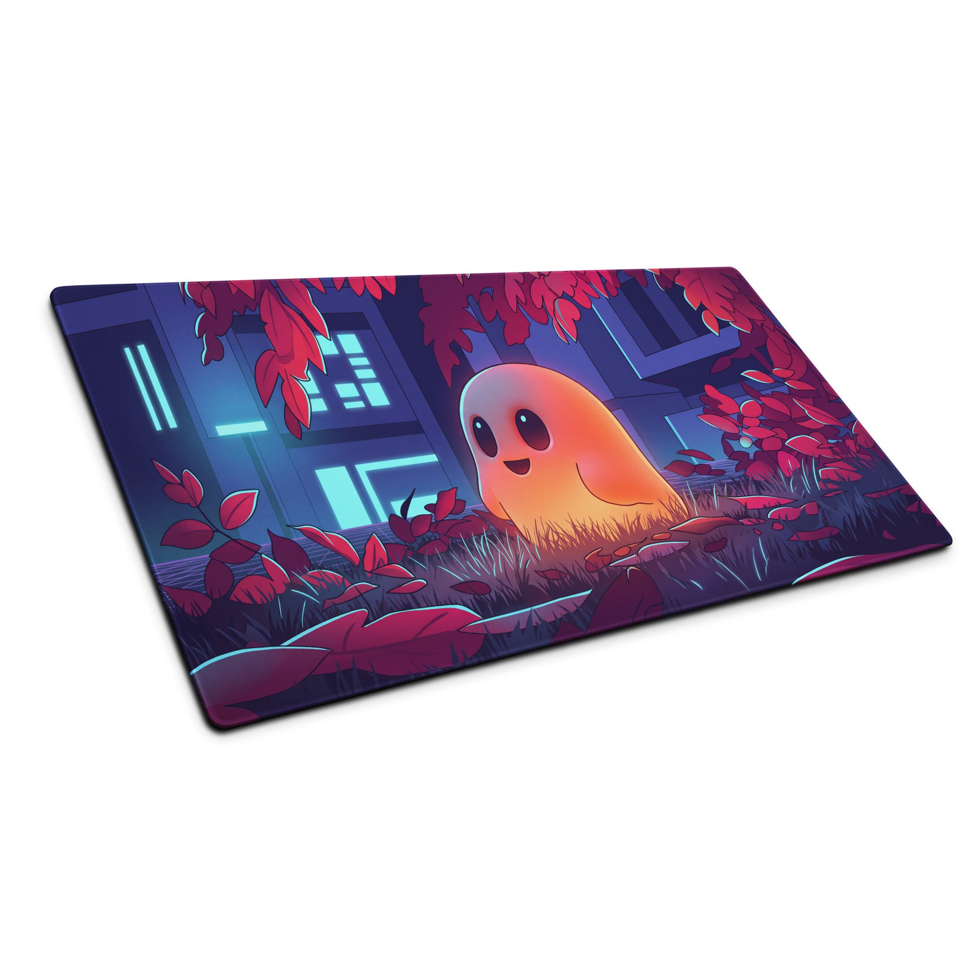 Rectangular neon ghost vaporwave gaming mousepad with orange ghost and red foliage on neon city backdrop in pink and blue