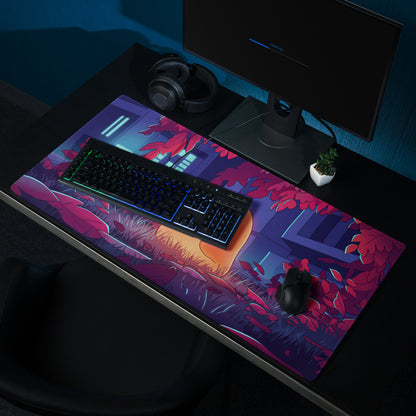 Neon ghost vaporwave gaming desk mat with vibrant purple pink leaf patterns under glowing keyboard and black mouse