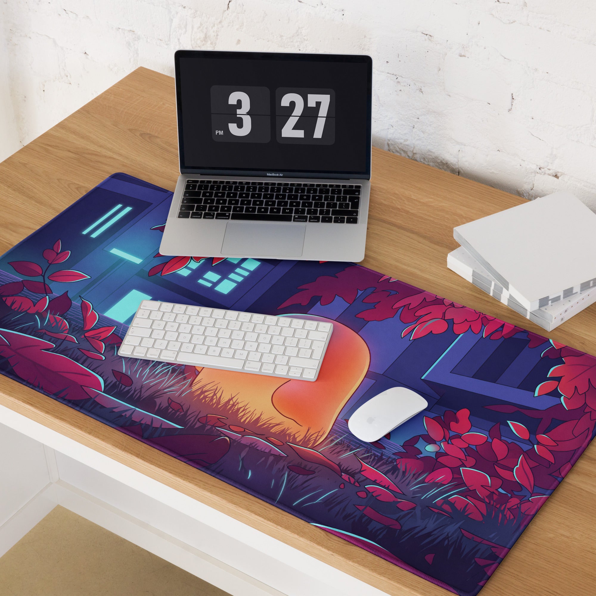 Vibrant purple and orange neon ghost vaporwave gaming mousepad with glowing blue accents for desktop use
