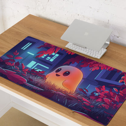 Neon ghost vaporwave rectangular gaming mousepad with cartoon orange creature and red foliage on dark blue night scene