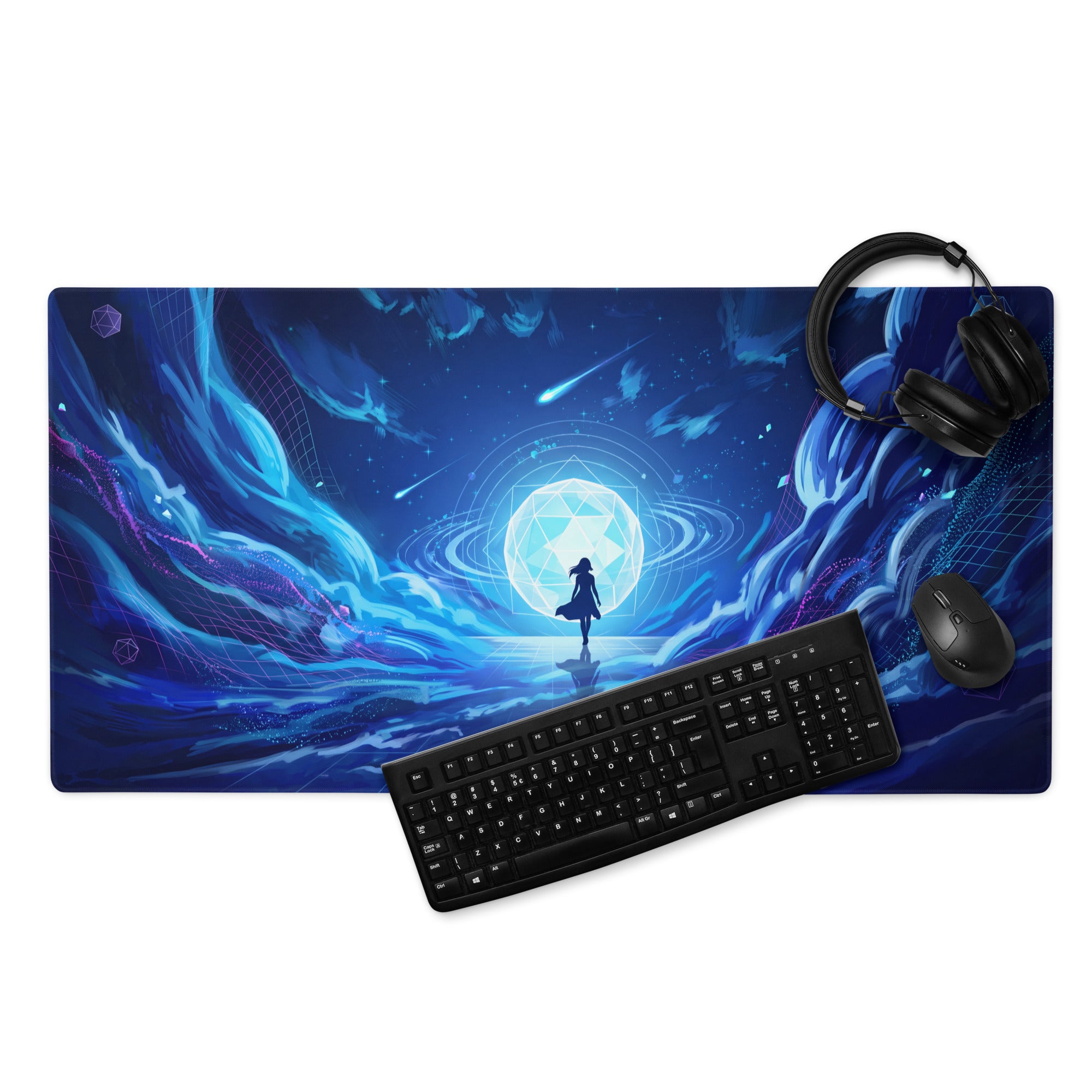 Blue and purple cosmic-themed vaporwave neon ocean gaming mousepad with glowing geometric portal silhouette design