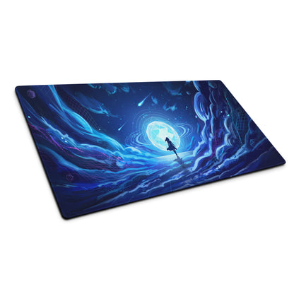 Blue fantasy-themed gaming mouse pad featuring a glowing orb and cosmic swirls in vaporwave neon design