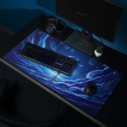 Blue cosmic-themed gaming mousepad with glowing nebula and galaxy design for vaporwave neon ocean desk setup