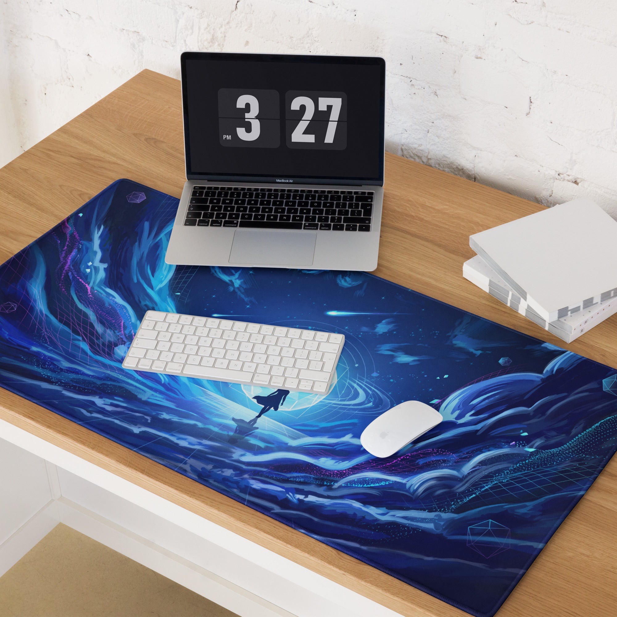 Blue cosmic-themed gaming mousepad with silhouette gliding through swirling nebulae for vaporwave neon ocean desk setup