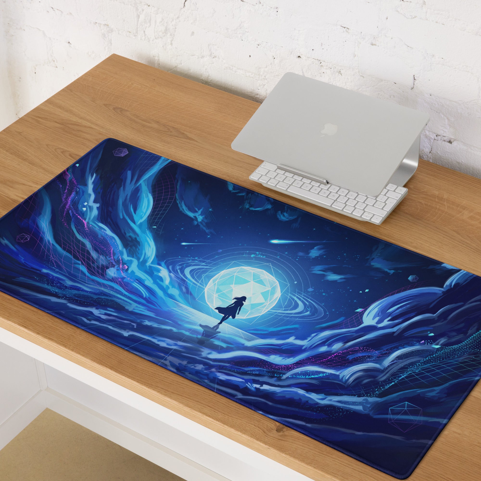 A rectangular blue cosmic-themed vaporwave neon ocean gaming mousepad with a glowing portal and silhouetted figure design