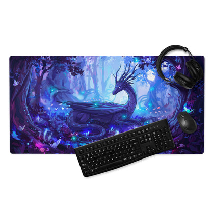 Neon dragon vaporwave rectangular gaming mousepad with vibrant purple and blue glowing dragon fantasy scene
