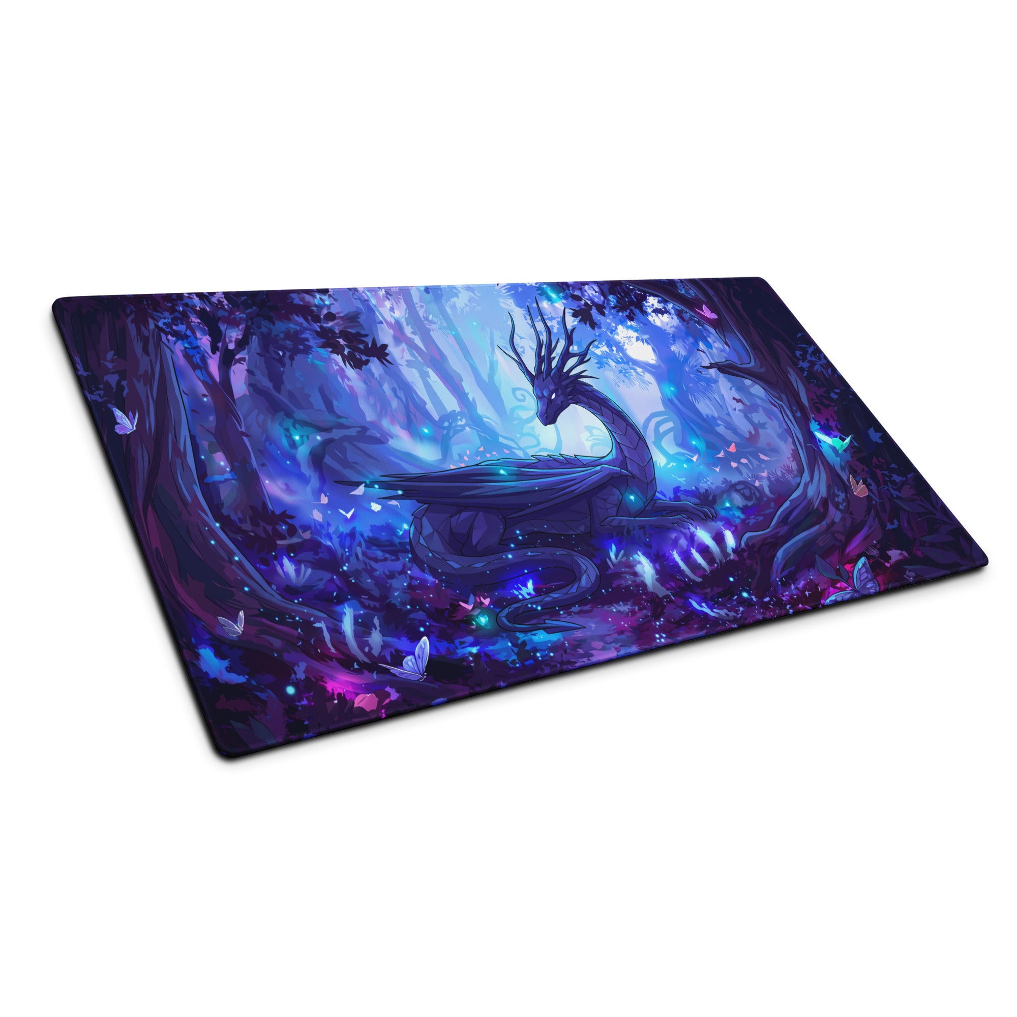 Neon dragon vaporwave gaming mousepad with vibrant blue and purple dragon in enchanted forest design