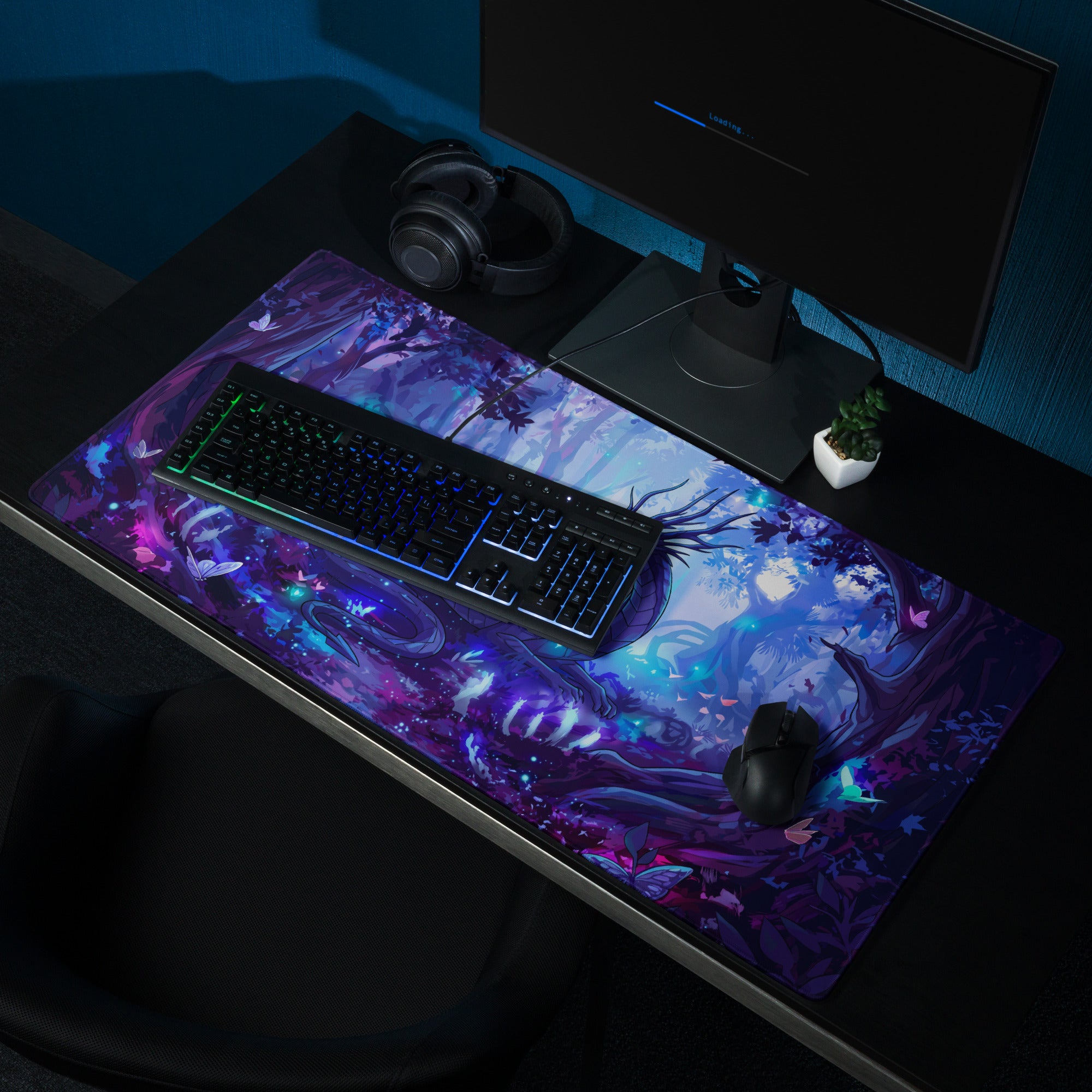 Neon dragon vaporwave mouse pad with vibrant purple and blue glowing butterflies trees and mystical creatures design