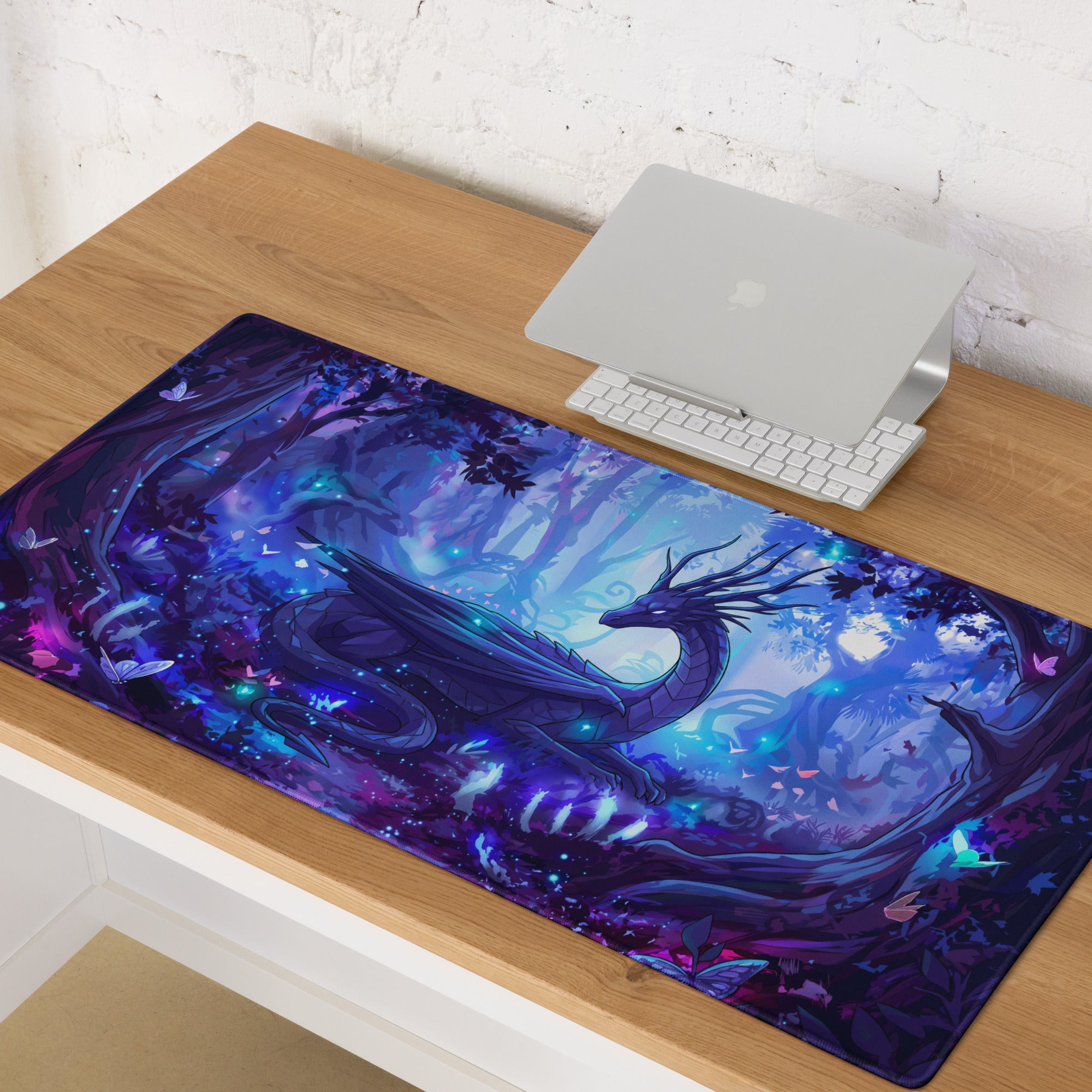 Neon dragon vaporwave gaming mouse pad with vibrant purple and blue colors and a glossy finish for desktop use
