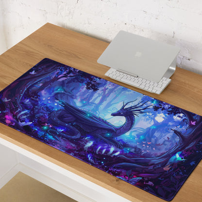 Neon dragon vaporwave gaming mouse pad with vibrant purple and blue colors and a glossy finish for desktop use