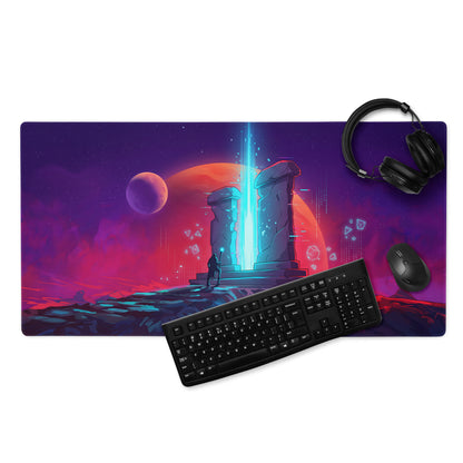 Vibrant purple and pink vaporwave neon night mouse pad with glowing blue portal and orange planet for gaming desks