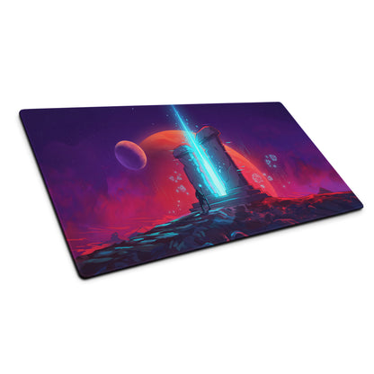 Vaporwave neon night mouse pad with glowing blue beam and vibrant purple pink orange cosmic ruins design