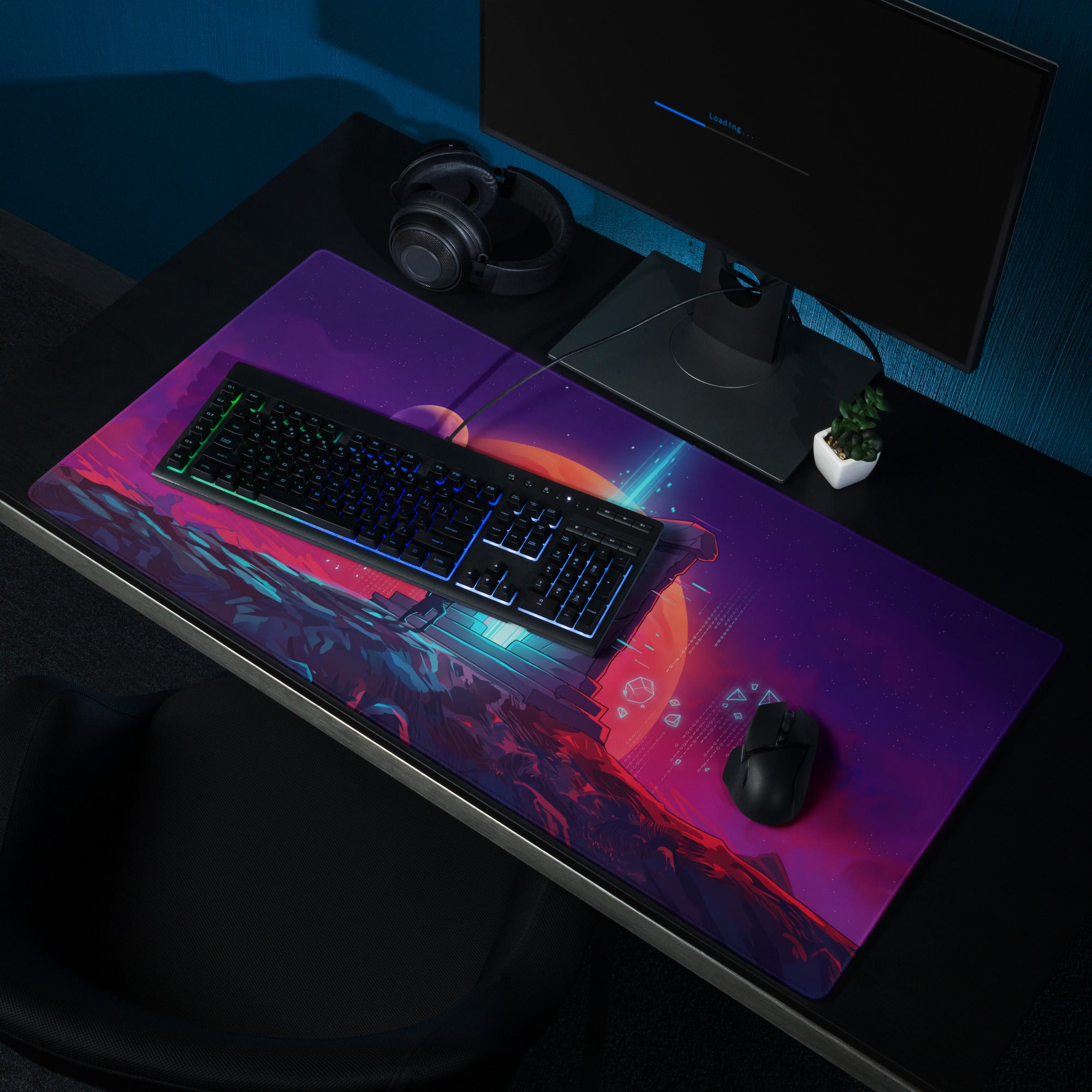 Vibrant purple and pink cosmic-themed vaporwave neon night mouse pad with futuristic landscape design for gaming desk
