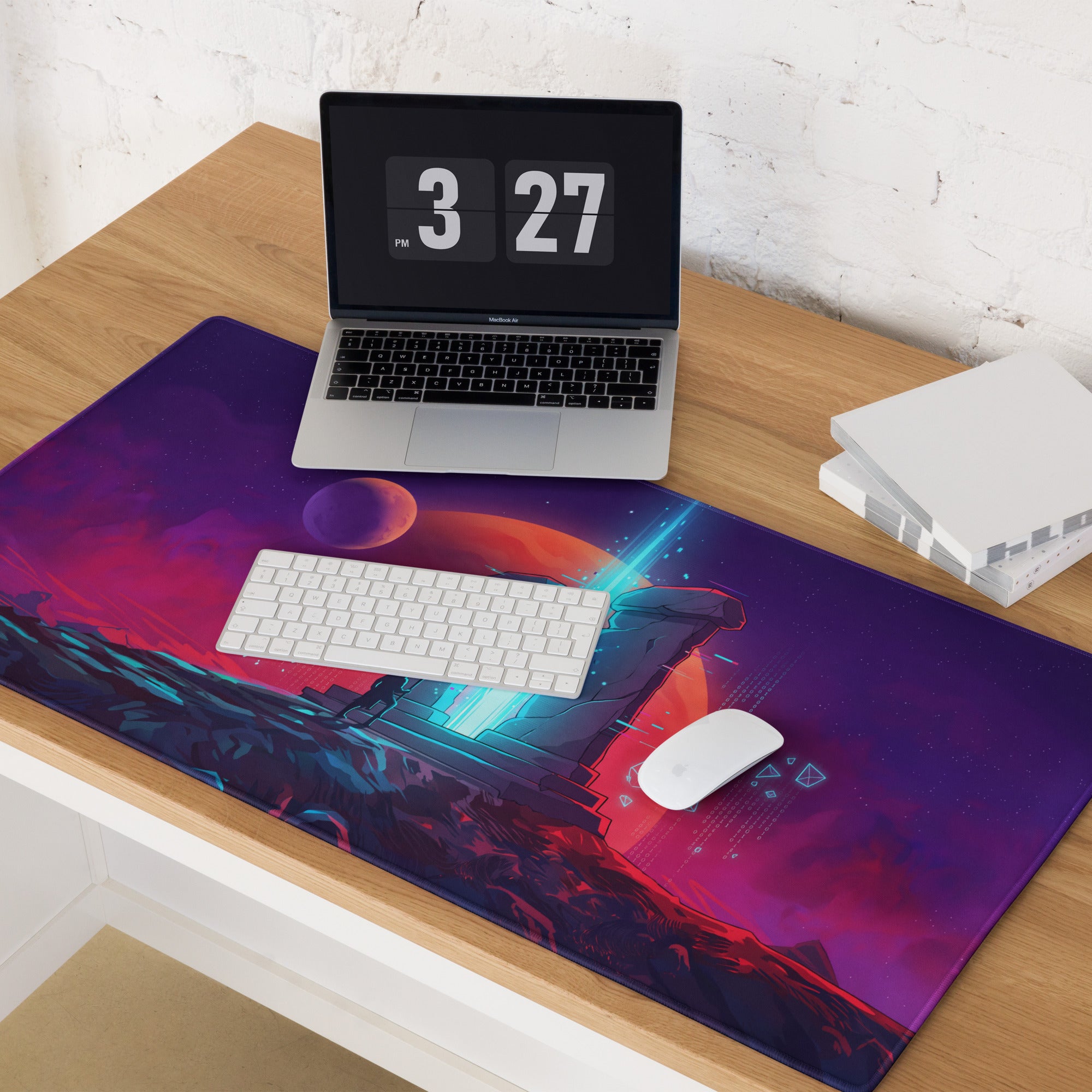 Vibrant vaporwave neon night mouse pad with cosmic purple blue gradient and futuristic landscape design for gaming