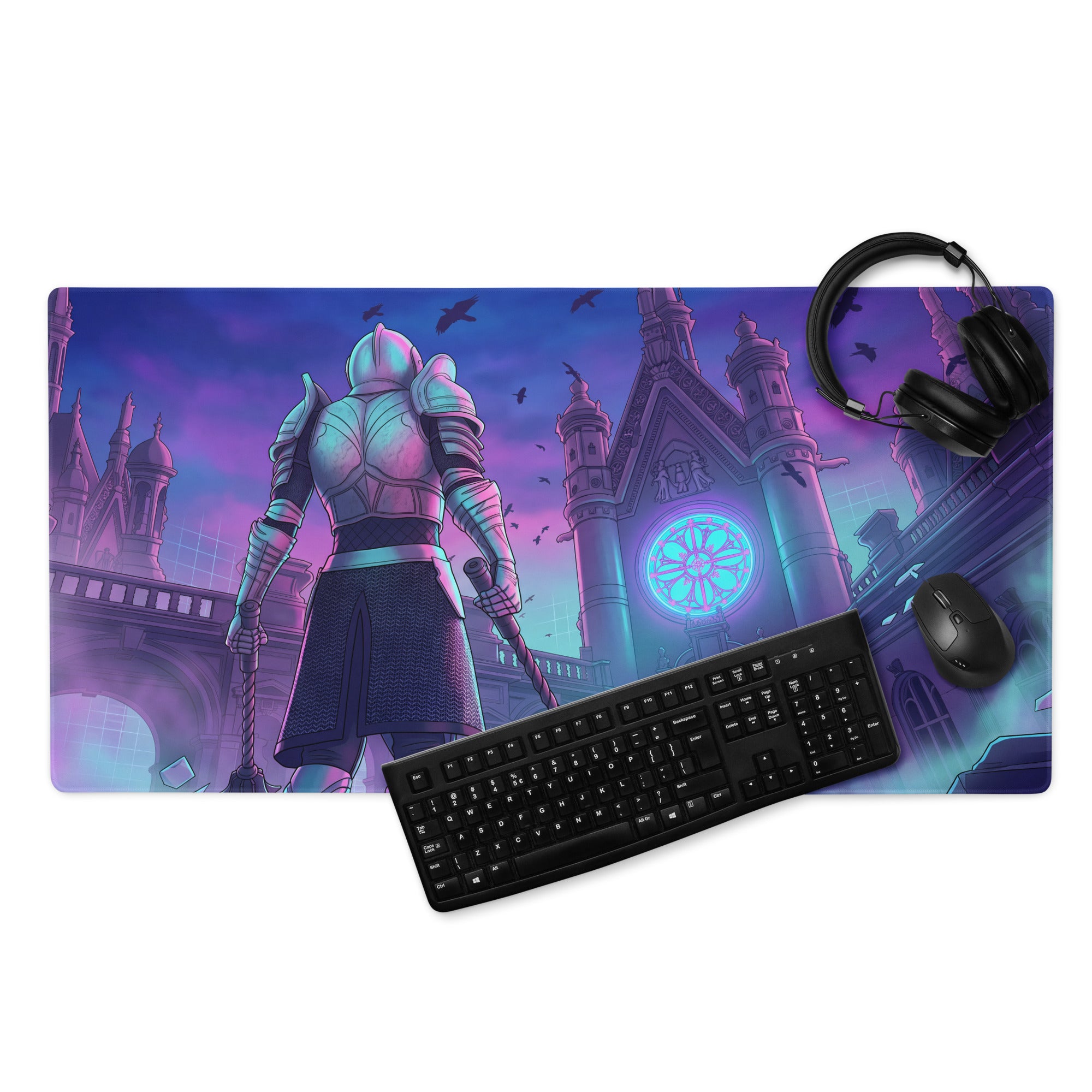 Rectangular gaming mousepad with vaporwave neon city knight purple blue gradient featuring a cathedral and birds