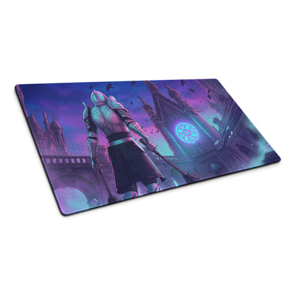 Vaporwave neon city knight gaming mousepad in purple and blue featuring a knight before a glowing cathedral design