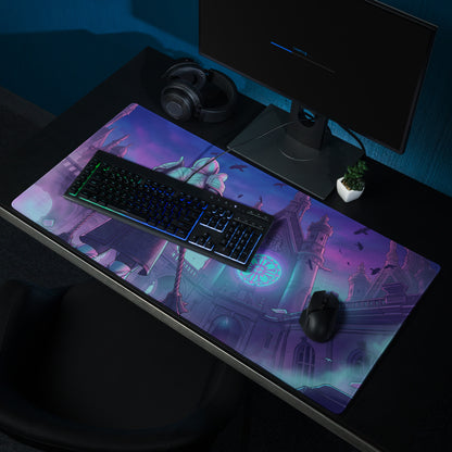 Vaporwave neon city knight pad gaming mousepad with purple and teal fantasy castle design and glossy surface