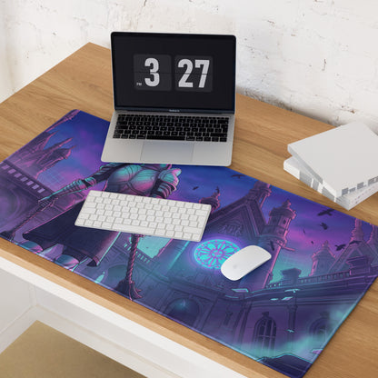 Purple and teal fantasy gaming mousepad with knight in armor before ornate cathedral under twilight sky vaporwave design