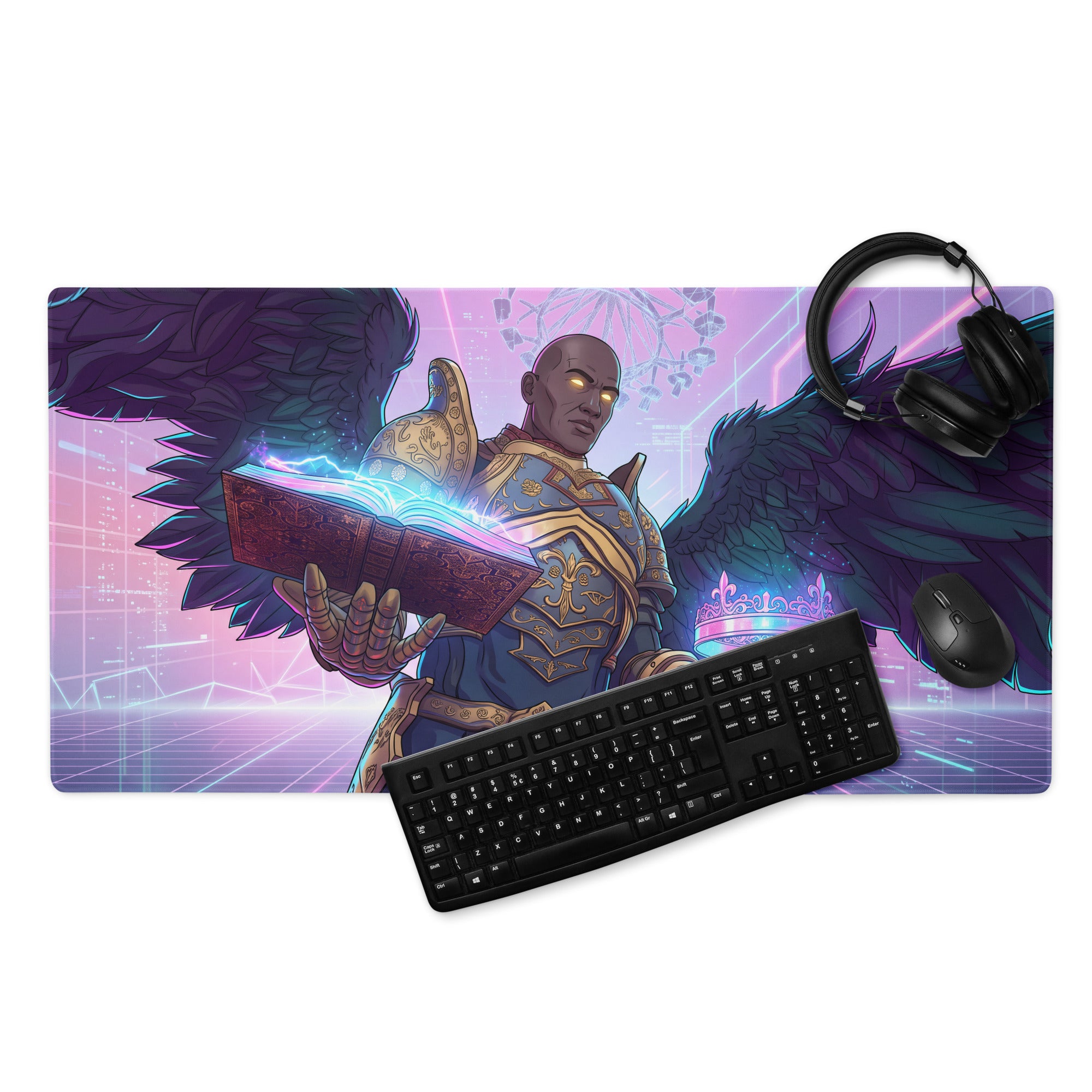 Vibrant rectangular vaporwave angel neon gaming mouse pad with armored angel and glowing eyes on purple pink blue background