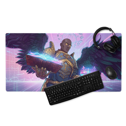 Vibrant rectangular vaporwave angel neon gaming mouse pad with armored angel and glowing eyes on purple pink blue background