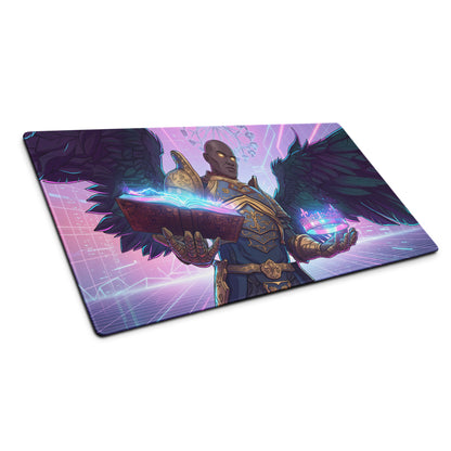 Rectangular gaming mouse pad with vaporwave angel design glowing wings and magical book on pink purple cyberpunk background
