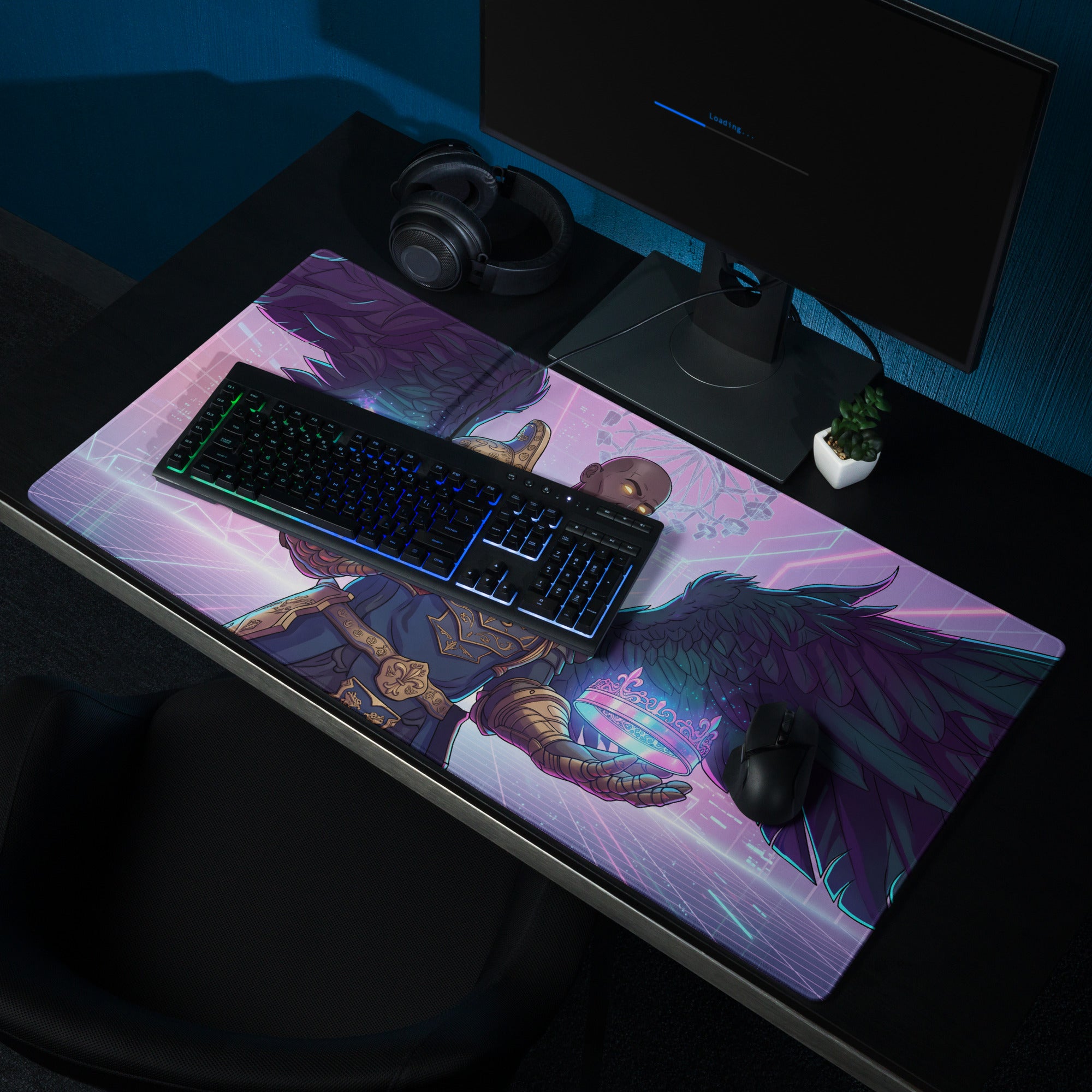 Purple and pink vaporwave angel neon gaming mouse pad featuring a fantasy winged character with a dreamy glow