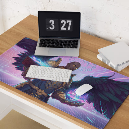 Vibrant purple pink vaporwave gaming mousepad with detailed armored angelic figure glowing eyes and dark wings
