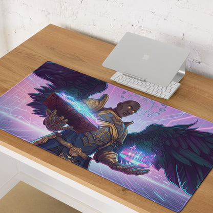 A vibrant vaporwave angel neon pad gaming mousepad with dark wings holding a glowing book in pink purple blue tones