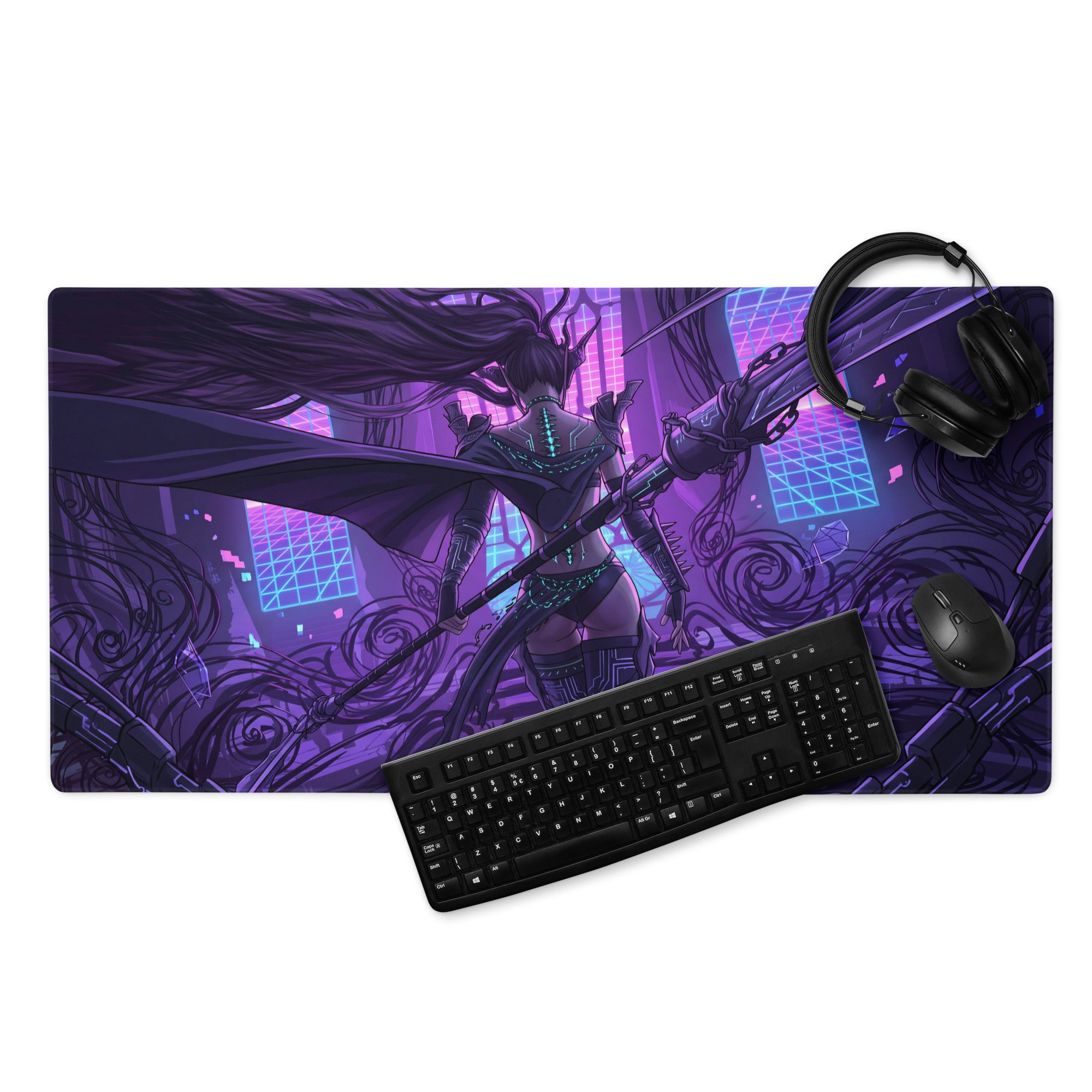 Purple and black anime-themed vaporwave neon blade gaming mouse pad with futuristic warrior and neon cityscape design