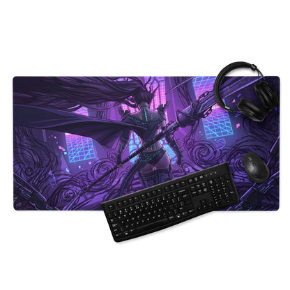 Purple and black anime-themed vaporwave neon blade gaming mouse pad with futuristic warrior and neon cityscape design