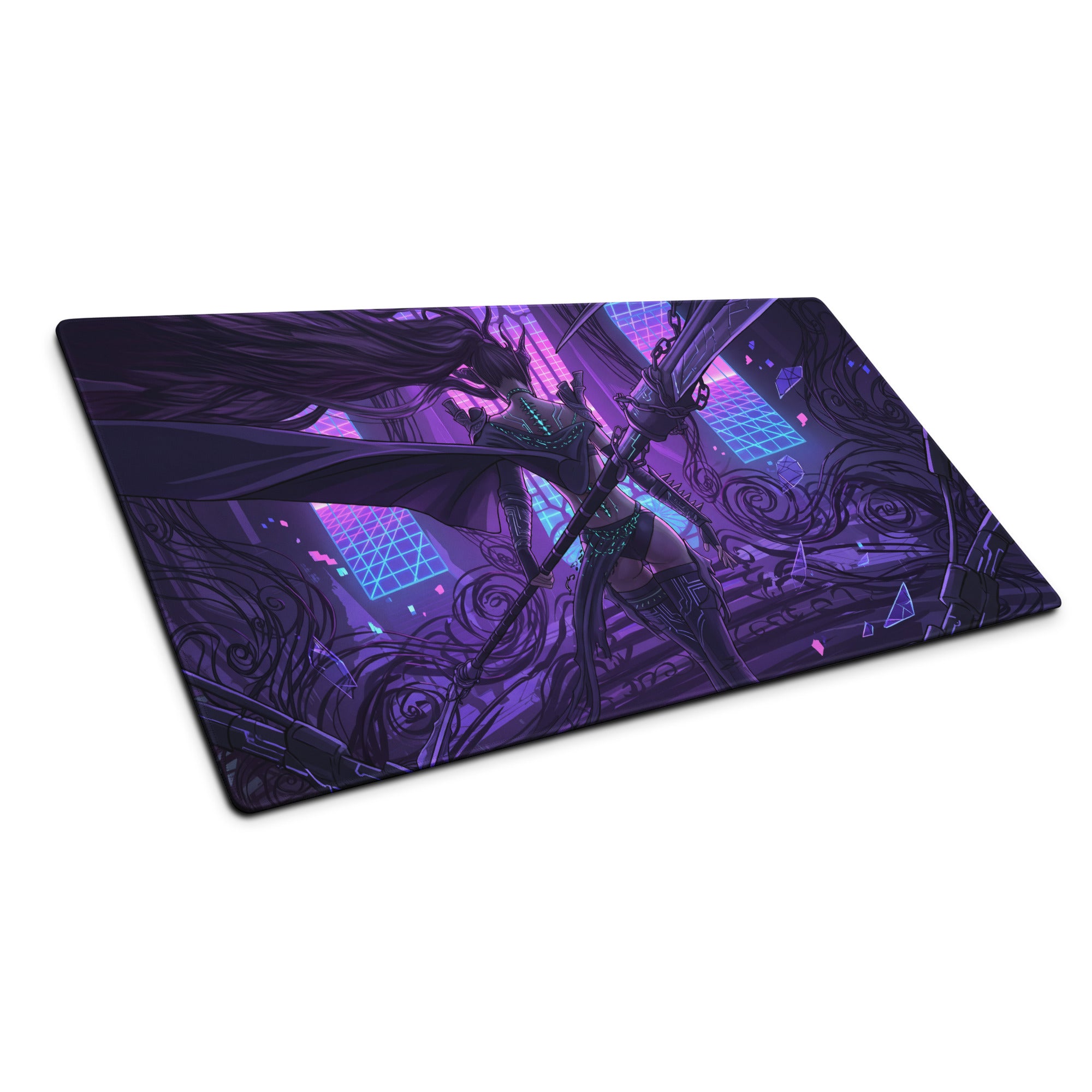 Purple and black vaporwave neon blade gaming mouse pad with stylized anime character and glowing neon accents for gaming setup