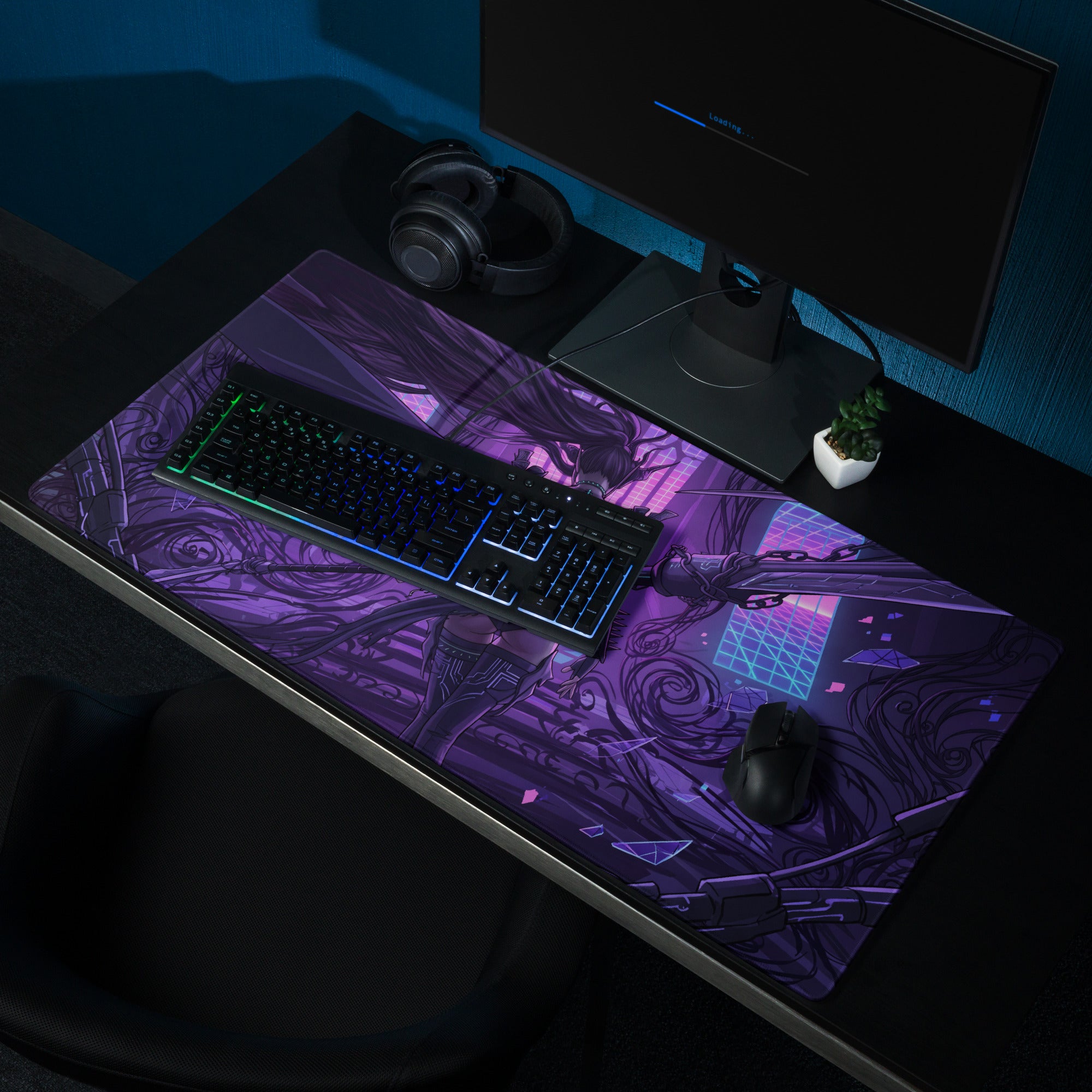 Purple and black vaporwave neon blade gaming mouse pad with intricate anime-themed designs for gaming setup