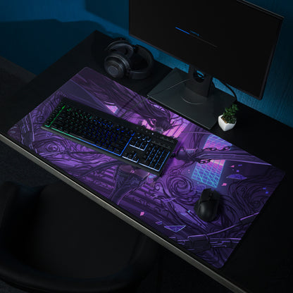 Purple and black vaporwave neon blade gaming mouse pad with intricate anime-themed designs for gaming setup