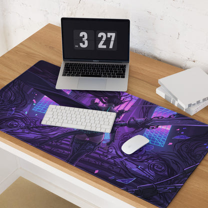 Purple and black vaporwave neon blade gaming mouse pad with cyberpunk illustration and neon pink accents for gaming setup