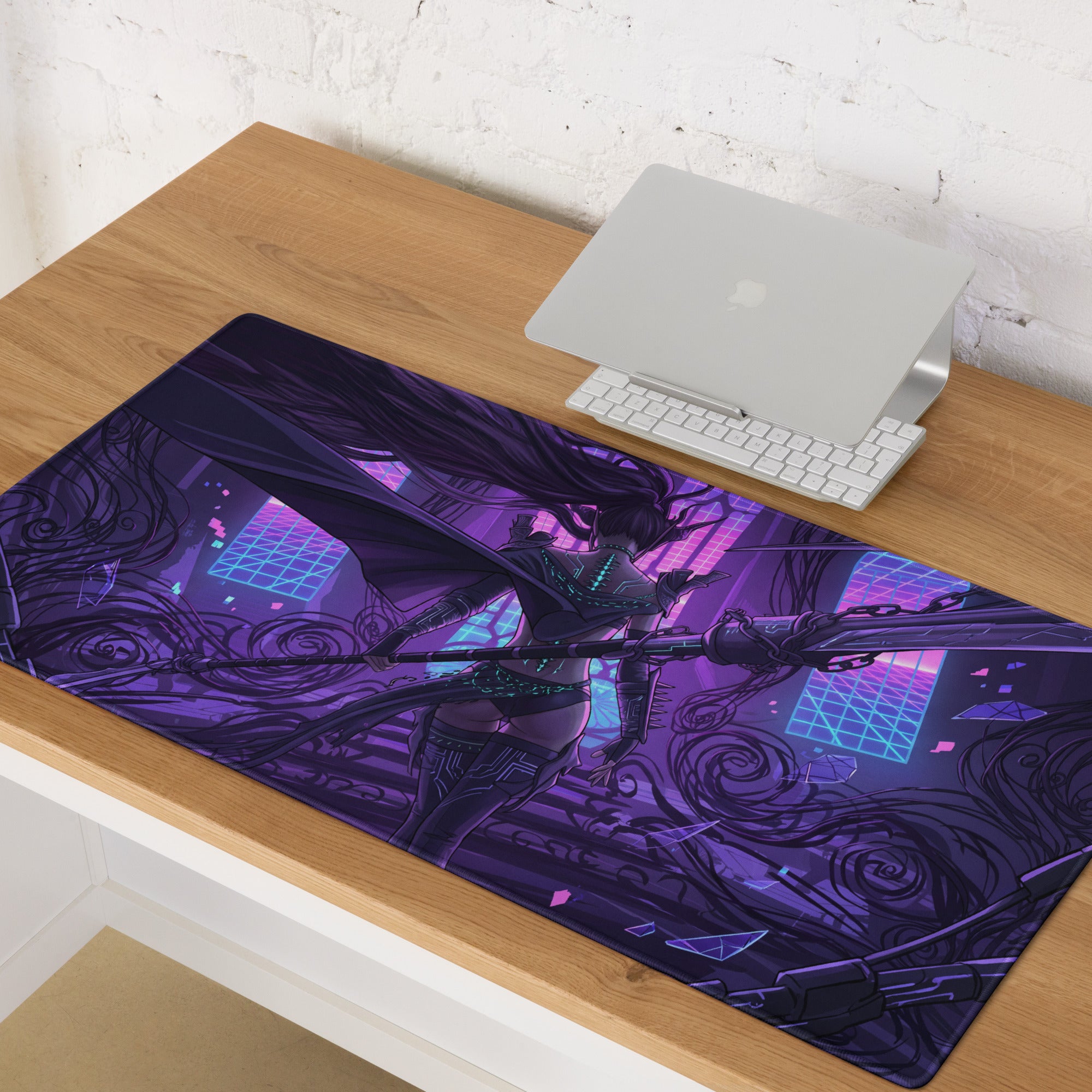 Purple and black vaporwave neon blade gaming mouse pad with cyberpunk warrior and glowing green accents for gaming setup