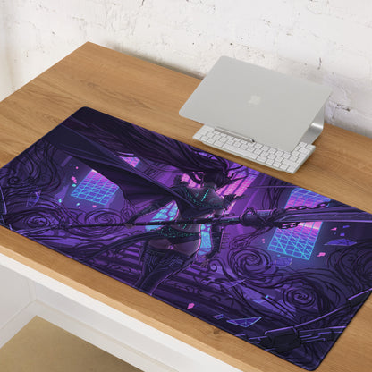 Purple and black vaporwave neon blade gaming mouse pad with cyberpunk warrior and glowing green accents for gaming setup