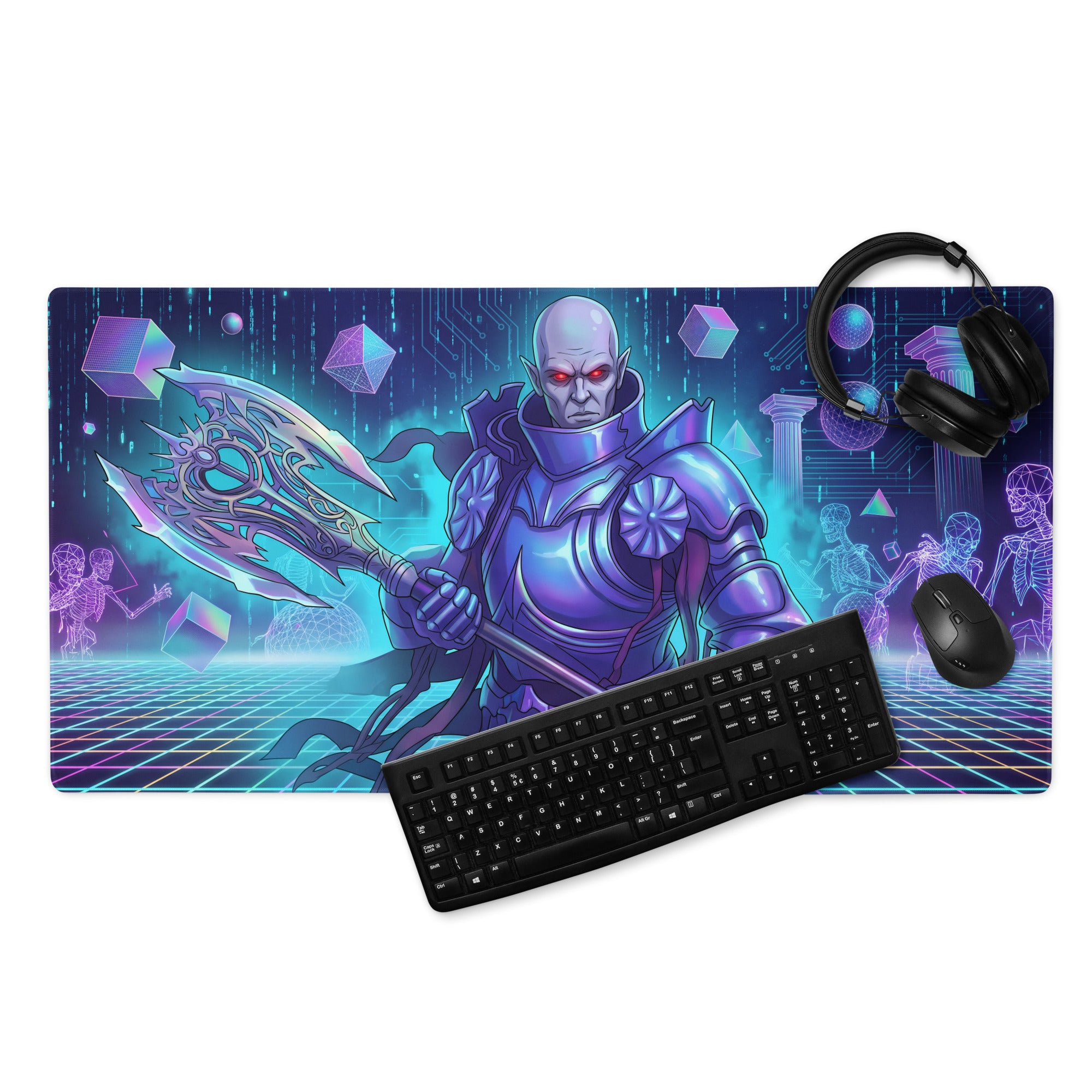 Purple and blue vaporwave neon warrior mouse pad with armored warrior and futuristic axe for cyberpunk desk setup
