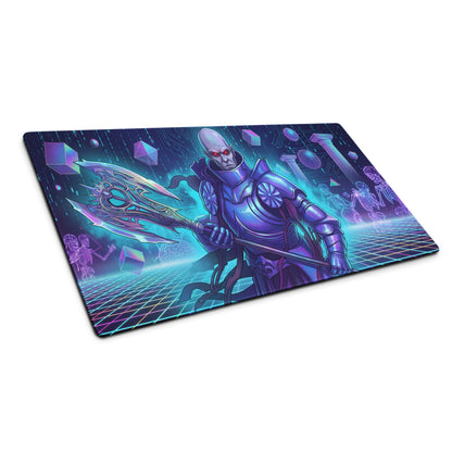Vaporwave neon warrior mouse pad with nebula theme featuring a futuristic metallic warrior and neon purple teal patterns