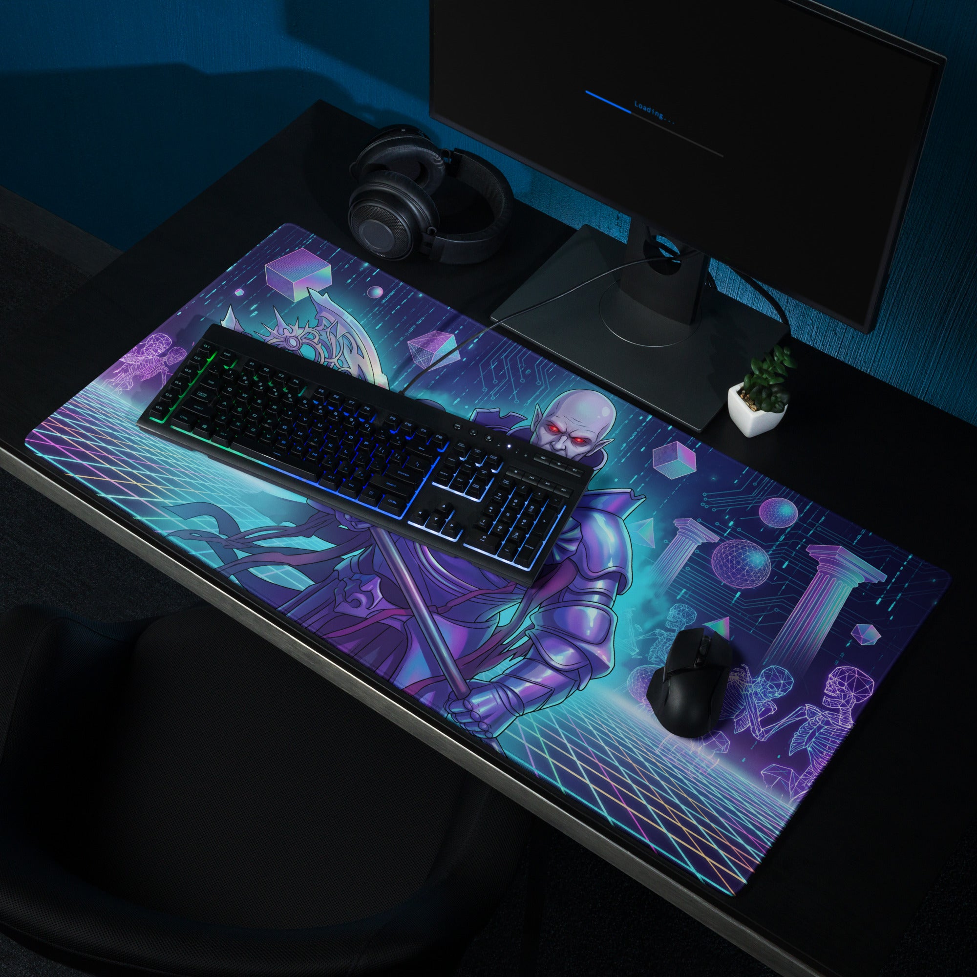 Vaporwave neon warrior ninja-themed gaming mousepad with purple teal cyberpunk design metallic armor and city elements